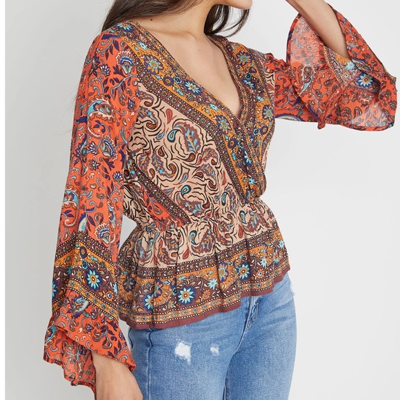 FREE PEOPLE ROSALIE WRAP BOHO TOP RUFFLED SLEEVES - Picture 7 of 9
